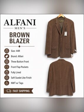 Alfani Brown Faux Suede Sport Coat Blazer 44R Men’s Classic Jacket
